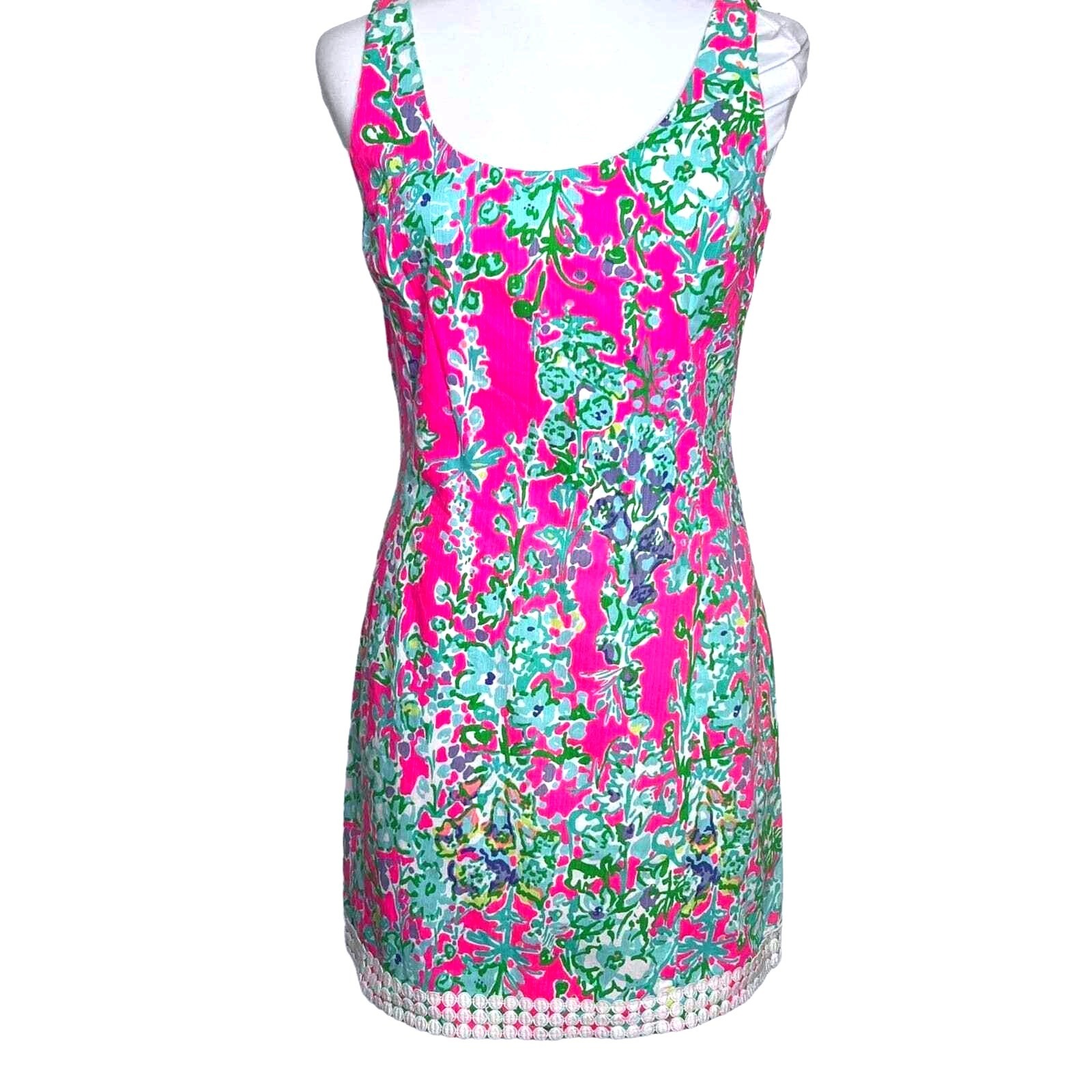 Lilly Pulitzer Floral Shift Dress Women Med Pink Turquoise Cotton Coastal Preppy